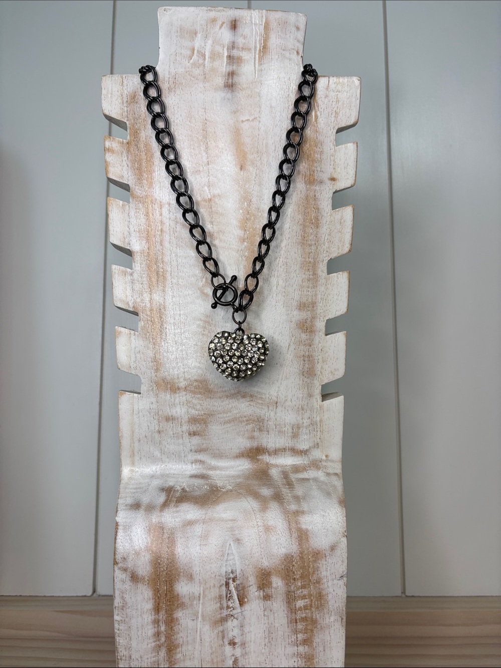 Gunmetal Chain Necklace with Pave Crystal Heart Pendant